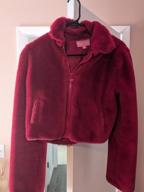 Sugar Thrillz Plush Teddy Jacket in Deep Burgundy Red